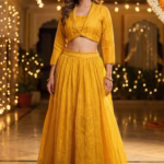Party Wear Yellow Lehenga in Organza Fabric