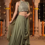Halter Neck Top with Draped Skirt in Chinon Fabric