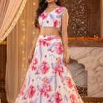 White Floral Print Crepe Lehenga