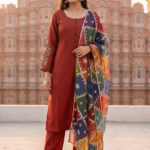 Maroon Satin Suit Set with Printed Dupatta